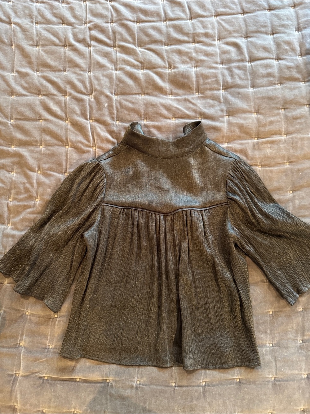 Nation LTD Metallic Green High-Neck Pleated Blouse